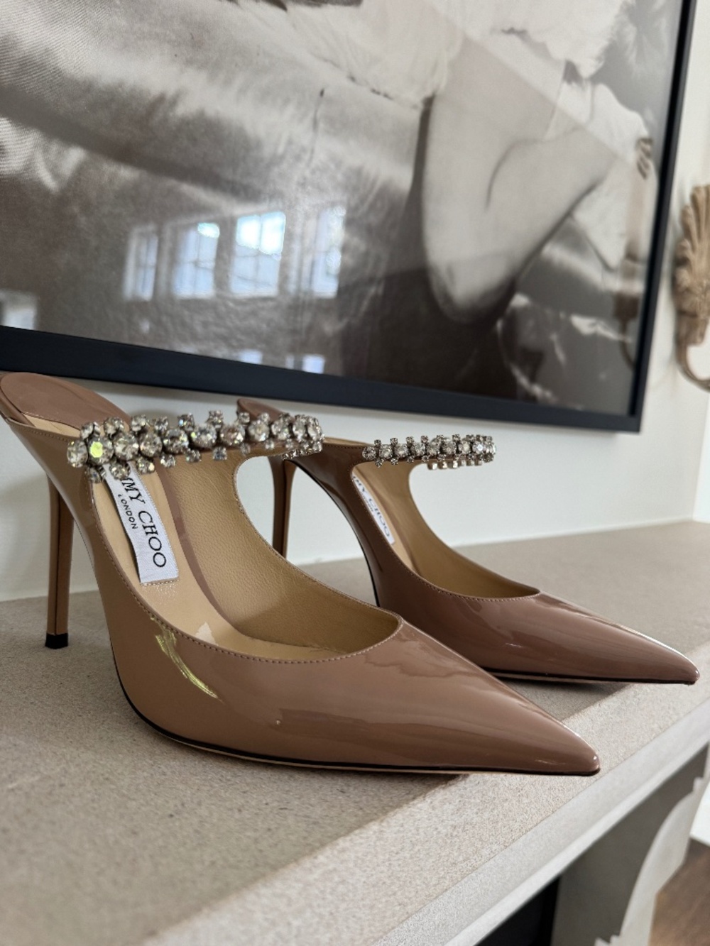 Jimmy Choo Nude Patent Leather Embellished Mules
